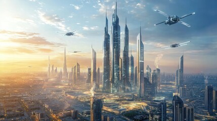 Futuristic city skyline at sunrise with flying vehicles.
