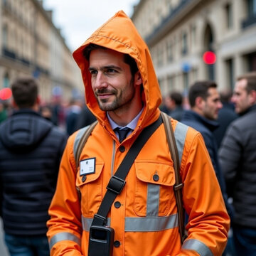 Vigilante de parquimetro sonriendo en una calle