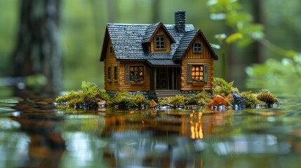 Miniature log cabin nestled in a mossy landscape, reflecting in calm water with a soft, dreamy, fantasy forest backdrop.