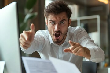 Concentrated male entrepreneur pointing finger to computer screen, looking at document and analyzing data while sitting at desk and working on project