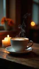 Steaming cup on wooden table amidst soft candlelight, wood, cozy, candles