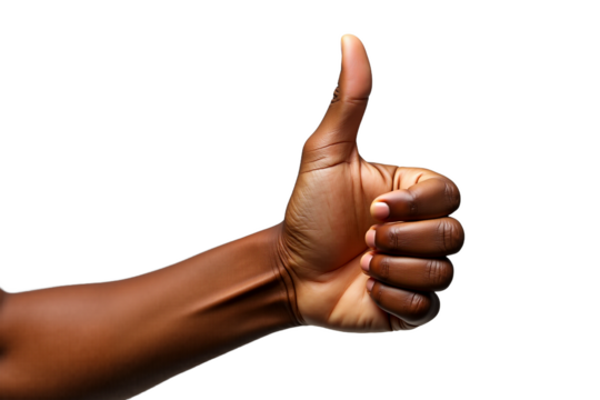 Thumbs up hand gesture isolated on white background. Photorealistic dark skin hand for approval, success, agreement. Use for positive feedback, UI/UX, social media.