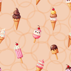 seamless summer pattern with ice creams on brown background