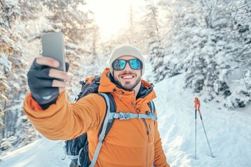 Young man taking selfie picture with smart cell phone hiking mountain on snowy slope - Happy skier having fun in ski resort vacation - Winter lifestyle, extreme sport and happy people