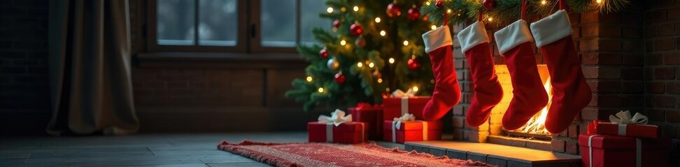 Stockings hung by the chimney with presents below, season, festive