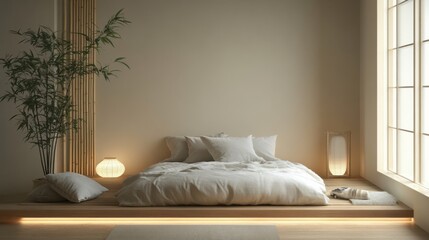 Tranquil Zen Bedroom with Warm Lighting and Bamboo Accents