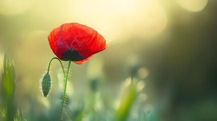 Obraz premium Stunning Red Poppy Flower in Soft Sunlight Meadow
