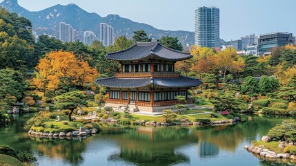 Fototapeta premium Serene Traditional Pavilion Surrounded by Lush Gardens and Modern Cityscape in Autumn