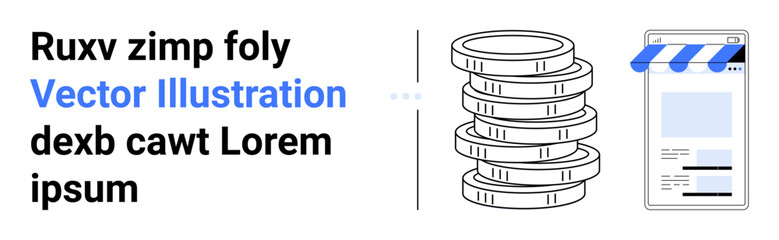 Coin stack beside a mobile storefront interface suggests digital payments. Ideal for e-commerce, online shopping, mobile transactions, digital economy, fintech, retail, simple landing page