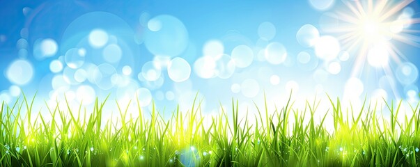 Obraz premium A picturesque spring garden featuring fresh green grass under a bright blue sky with sunlight shining