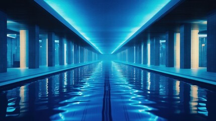 Obraz premium Futuristic indoor pool tunnel, vibrant blue neon lighting.