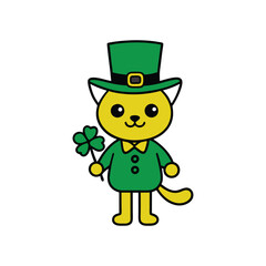 A cute cat dressed as a leprechaun and holding a four-leaf clover vector art illustration.eps