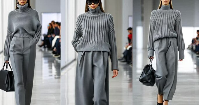 Stylish gray outfits showcased in a modern fashion presentation featuring elegant designs and confident models