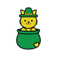 A cute cat wearing a leprechaun hat and sitting inside a pot of gold with a happy expression vector art illustration.eps
