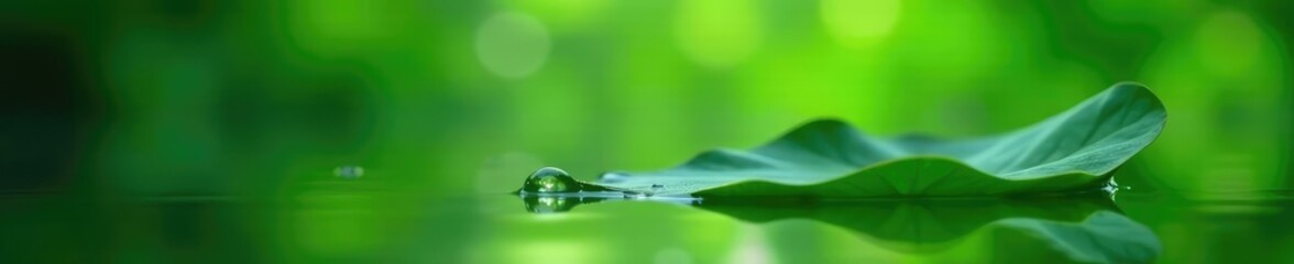 Obraz premium Water droplet suspended on the surface of a green leaf amidst calm water, water, green, reflection