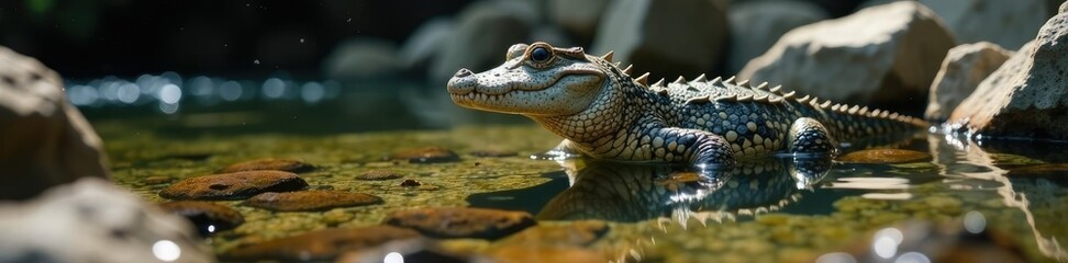 Obraz premium Crocodile newt in a rocky pool with water flowing through, mountainous, aquatic life, herpetology