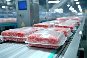Packaged ground beef on a conveyor belt in a modern food processing plant, emphasizing efficiency and food safety standards in the meat production industry.
