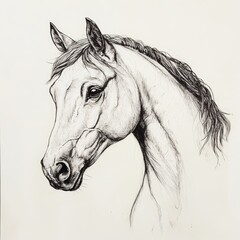 Obraz premium Monochrome ink drawing showcases the detailed head of a noble horse in profile, rendered with fine lines and delicate shading against a clean white backdrop, emphasizing the animal's grace and beauty