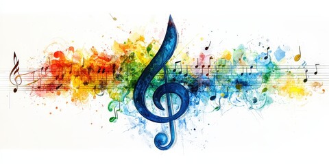 Dynamic watercolor treble clef bursts with vibrant blues, greens, yellows, and reds against a clean white background. A splash of musical artistry