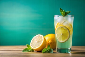 Fototapeta premium Cold Glass of Lemonade with Lemon Slice on Surface