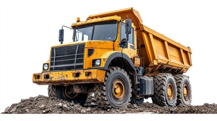 Obraz premium Yellow dump truck on construction site, isolated