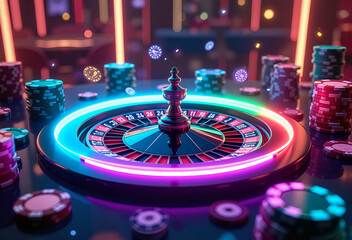 Neon roulette in a casino with bright lights and chips