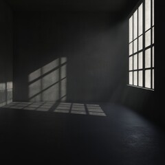 Mysterious dimly lit room with concrete walls and a large window allowing sunlight to penetrate the space, creating an atmospheric ambiance
