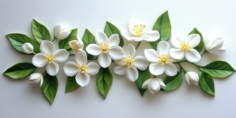 Obraz premium Delicate white blooms and lush greenery create a serene, minimalist arrangement on a clean white surface