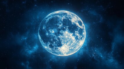 Fototapeta premium Mysterious glowing full moon illuminating the darkness of deep space with a cosmic nebula and distant stars in the infinite universe