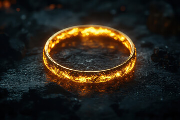 The Lord's Ring in Middle Earth: A radiant golden ring rests on a weathered stone surface, casting a mysterious and powerful aura.