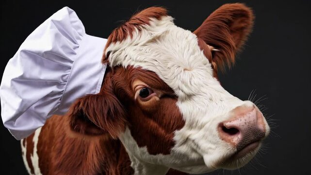 Cow with chef hat on black background, playful concept of culinary fusion