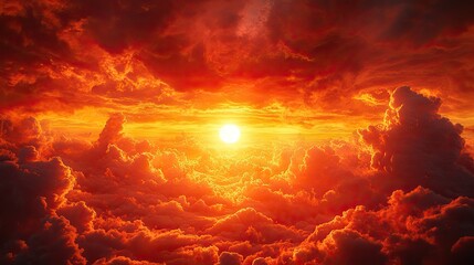 Dramatic sunset sky filled with billowing clouds illuminated in vibrant shades of orange,