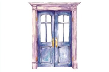 Watercolor painting of elegant double doors architectural design home decor artistic environment front view openness concept, isolated on white background