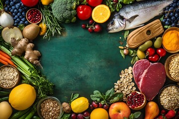 Top view of fresh fruits and vegetables on a table