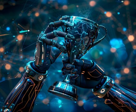 Robots exceeding humans , futuristic high tech robot hands rising a championship cup , Artificial intelligent winning the world 