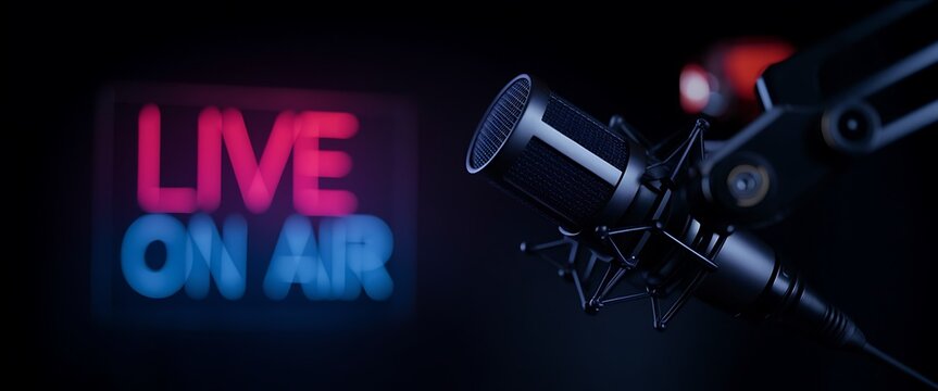 Professional Microphone with Neon 'LIVE ON AIR' Sign, Radio & Podcast Vibes,  Radio Studio Setup with On-Air Sign, radio studio setup, podcast equipment, online broadcasting, on-air sign, modern studi