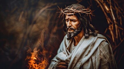 Obraz premium In the shadows, Jesus, crowned with thorns, endures suffering as atonement for mankind's sins