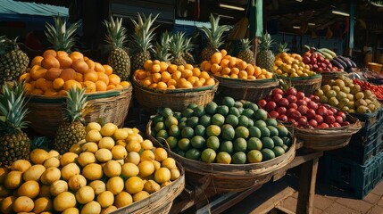Foodie Tour concept Vibrant display of fresh fruits in woven baskets at a market stall.