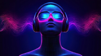 Futuristic woman with headphones and glowing sunglasses, immersed in music, vibrant colors, abstract sound waves.