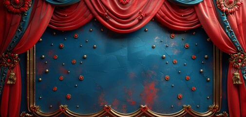 Opulent Stage Backdrop with Luxurious Red Velvet Curtains, Glimmering Gold Accents, and a Dramatic Blue Textured Background, perfect for theatrical performances and events