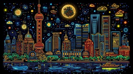Vibrant Nighttime Cityscape Illustration with Sparkling Skyscrapers and Celestial Elements