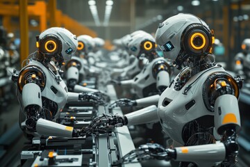 Fototapeta premium Robots Collaborating Efficiently in a Modern Factory Setting During a Busy Production Shift