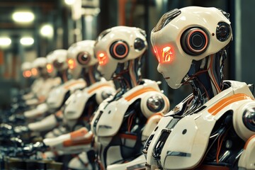 Fototapeta premium Robots Collaborating Efficiently in a Modern Factory Setting During a Busy Production Shift