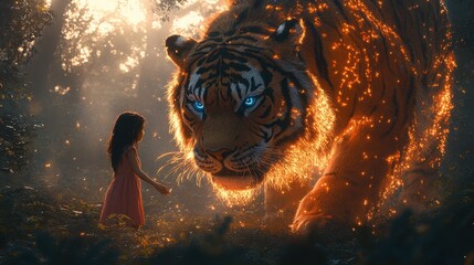 Girl reaching out to a giant tiger in a magical forest