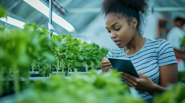 A woman inspecting plants with a tablet computer in a greenhouse