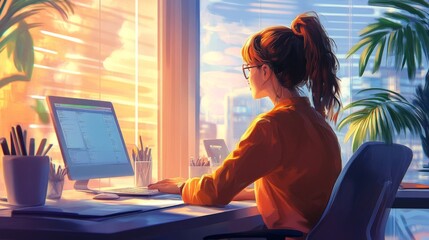 Girl working at computer with sunset background surrounded by plants, great choice for productivity and work at home articles.