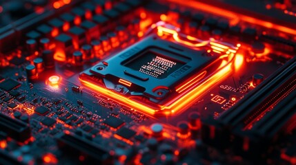 Fototapeta premium Close-up of a modern processor on a motherboard with bright backlighting, ideal for illustrations in technology articles, hardware reviews and computer science educational materials.