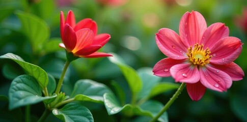 Fototapeta premium Water droplets cling to leaves and petals of blooming flowers in the garden, droplets, garden, water