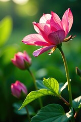 Water droplets cling to leaves and petals of blooming flowers in the garden, garden, green