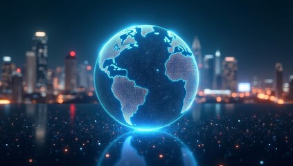 A digital illustration of a translucent Earth globe with continents outlined in glowing dots, overlaid with a panoramic view of a cyberpunk city skyline, all set against a backdrop of abstract light p
